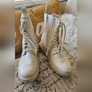 Charles & Keith Women's Lace-Up Calf Boots in Chalk Pre-owned